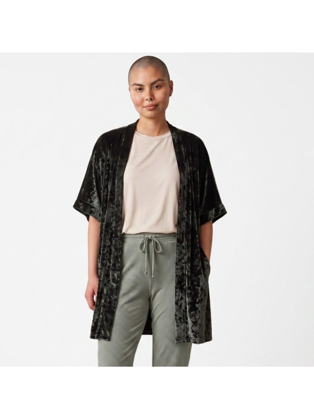 Victoria's Secret Crushed Velvet Kimono Robe M/L Dark Green Black Lounge Comfy